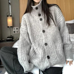 pantsparadises Loose Lazy Sweater Women Twist Fashion Knit Autumn Winter Warm Cardigan Harajuku Stand Collar Gray Vintage Female Jumpers