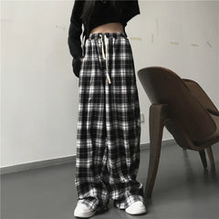 pantsparadises Oversize Women Sweatpants Fashion Black Plaid Casual Pants Baggy Elastic Waist Pockets Student Unisex Hip Hop Loose Trousers