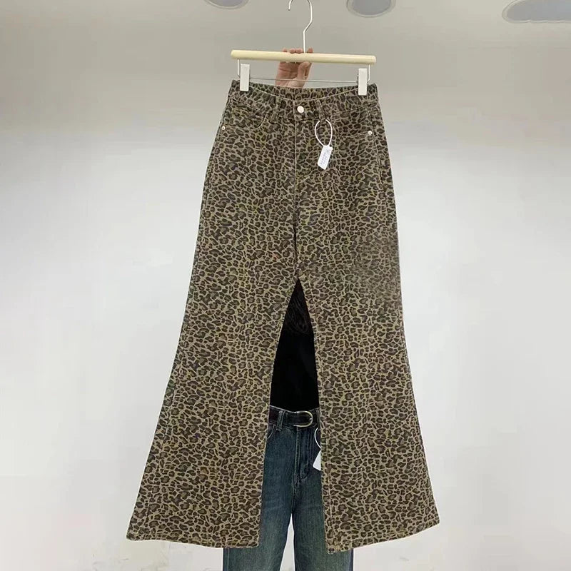 pantsparadises Leopard Flare Jeans Women Denim Pants Female Y2K Bootcut Trousers Streetwear Hip Hop Vintage Casual Bell Bottoms