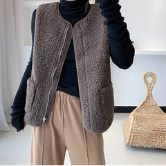 pantsparadises casual winter outfits Women Warm Faux Lamb Fur Sleeveless Coat With Pockets Zipper Casual Cardigan traf Jackets Office Coat Vest Winter Autumn