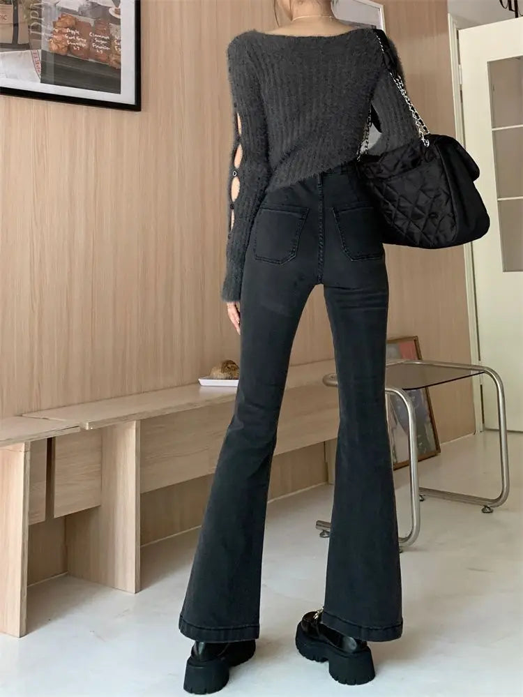 pantsparadises Black Gray High-waisted Flared Jeans Women's Retro Straight Elastic Slim Slim Wide-leg Flared Pants Female Trousers