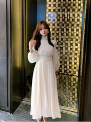 pantsparadises DRESS TO IMPRESS Spring Turtleneck White Midi Dress Women Long Sleeve French Elegant Temperament One Piece Dress Evening Party Prom Robe Female