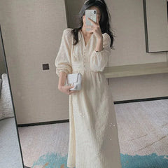 Vintage French Puff Sleeve Midi Dresses for Women Korean Sequins Party Dress V Neck Elegant Fairy Wedding Dress Robe