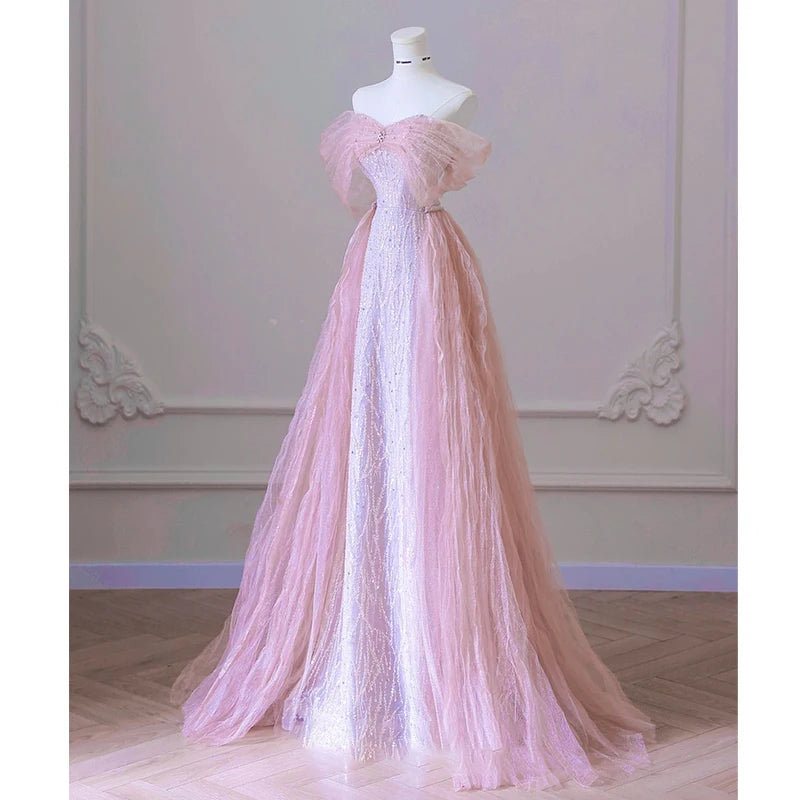 pantsparadises DRESS TO IMPRESS Exquisite Pink Beaded Sequins Wedding Dress Evening Party Gown with Detachable Tulle Train Birthday Dresses Vestidos De Noche