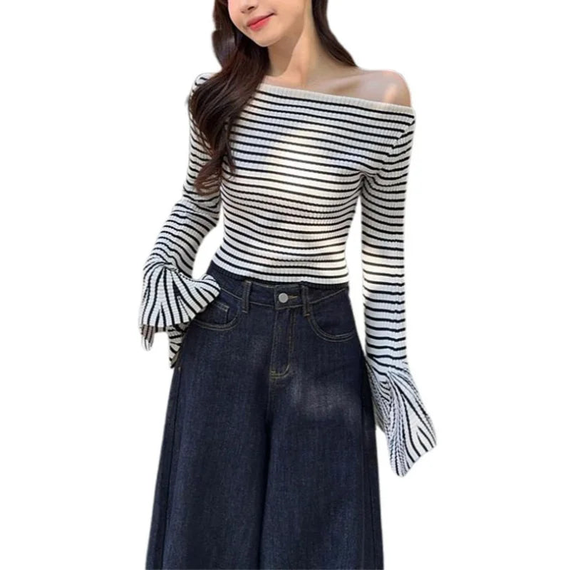 pantsparadises y2k Knit Top Women Clothes Elegant Striped Off Shoulder Flared Long Sleeve T Shirt 2000s Aesthetic Clothing Streetwear