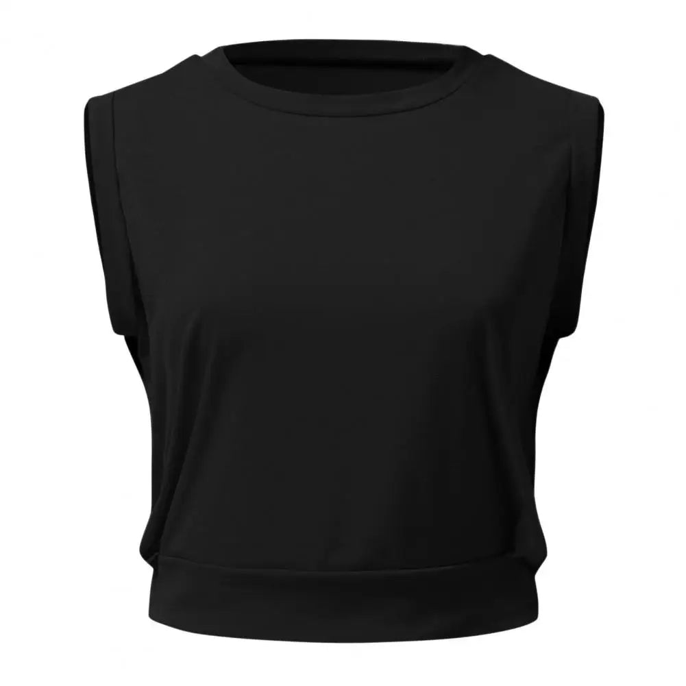 pantsparadises Women Tops Tees Summer Crop Top Sleeveless O Neck Solid T-Shirts Slim Fit Pullover Short Length Fitness Sports Female Clothing