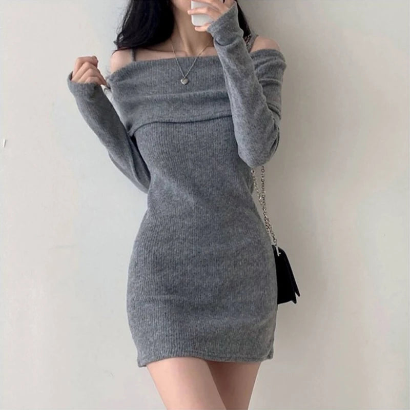 pantsparadises FALL OUTFITS Y2K Women Knitted Mini Dress Korean Sexy Off Shoulder Female Dress Spring New Spaghetti Strap Long Sleeve Ladies Vestidos