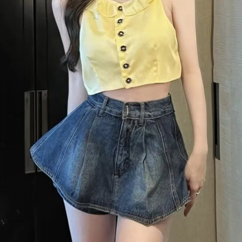 Fake Two Pieces High Waisted Denim Shorts Skirt Women's Summer Korean Slimming Pleated Short Dresses Spicy Girl A-line Hot Pants