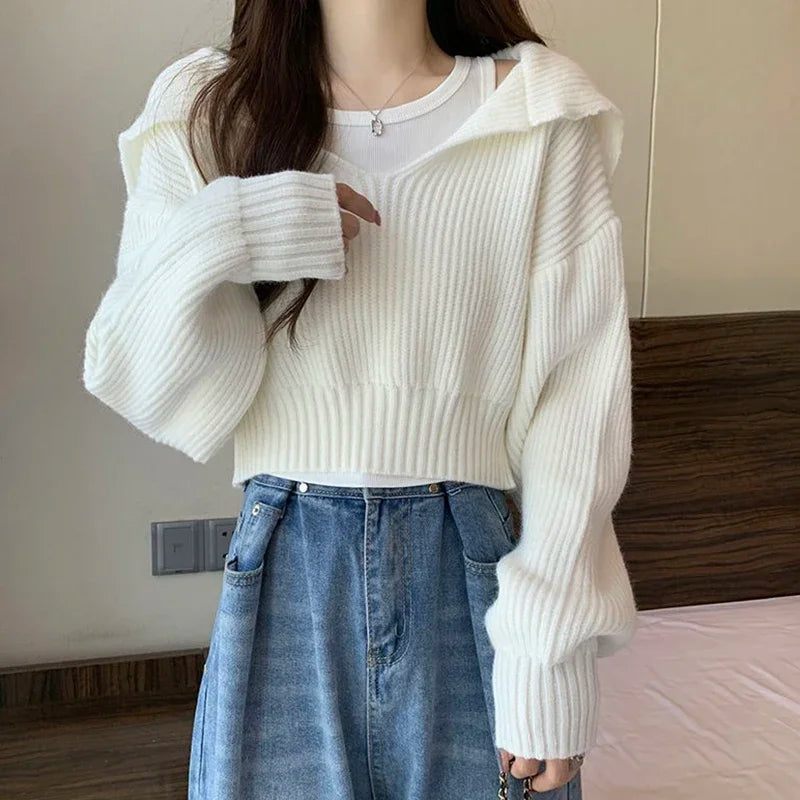 pantsparadises Long Sleeve Cropped Sweater Women Autumn Winter Turn Down Collar Knitted Jumper Woman Korean Style Solid Color Jerseys