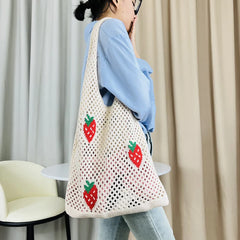 pantsparadises Cute Strawberry Cherry Crochet Shoulder Bag for Women Large Shopper Bag Casual Tote Handbags Summer Beach 2024 New Women's Bag