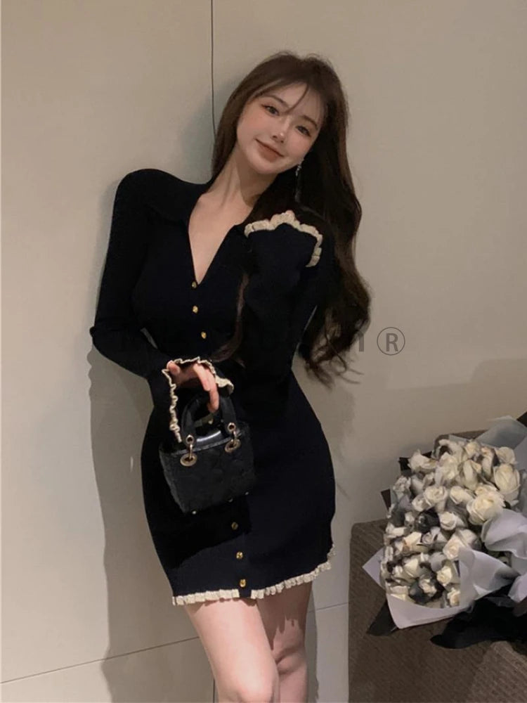 pantsparadises DRESS TO IMPRESS Winter Knit France Vintage One Piece Dress Women Sexy V-neck Elegant Sweater Mini Dress Female Korean Style Chic Dress New