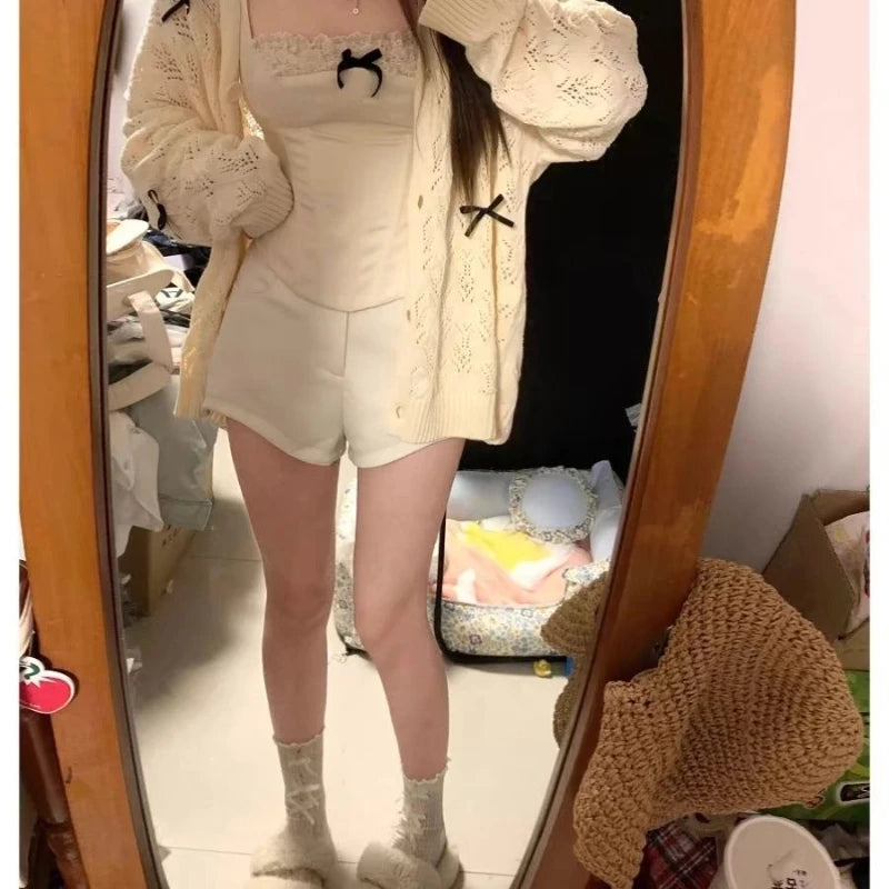 pantsparadises FALL OUTFITS Coquette Cardigan Sweater Woman Kawaii Bow Hollow Out Knitted Tops Korean Fashion Sweet Preppy Cute Aesthetic Solid