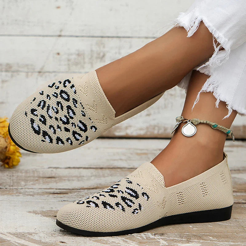 pantsparadises Leopard Prints Knitted Loafers Women Breathable Mesh Shallow Flats Shoes Woman Lightweight Casual Slip-On Walking Shoes