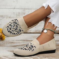 pantsparadises Leopard Prints Knitted Loafers Women Breathable Mesh Shallow Flats Shoes Woman Lightweight Casual Slip-On Walking Shoes