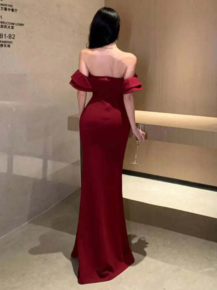 pantsparadises DRESS TO IMPRESS Red Sexy Club Backless High Split Ruffles Wrapped Hip Dress Elegant Luxury Off Shoulder Party Evening Dresses Women Summer