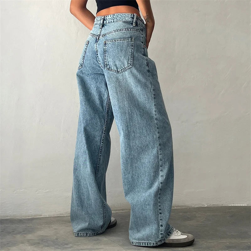 pantsparadises y2k Jeans Women Clothes Fashion Solid Color Low Waist Waist Wide Leg Denim Pants Trousers with Pockets 2000s Streetwear