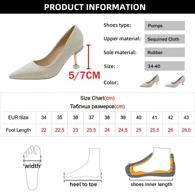 pantsparadises Bling Gold Silver Pointed Toe Pumps Women Rhinesthone Thin Heels Party Wedding Shoes Woman Shallow High-Heeled Shoes