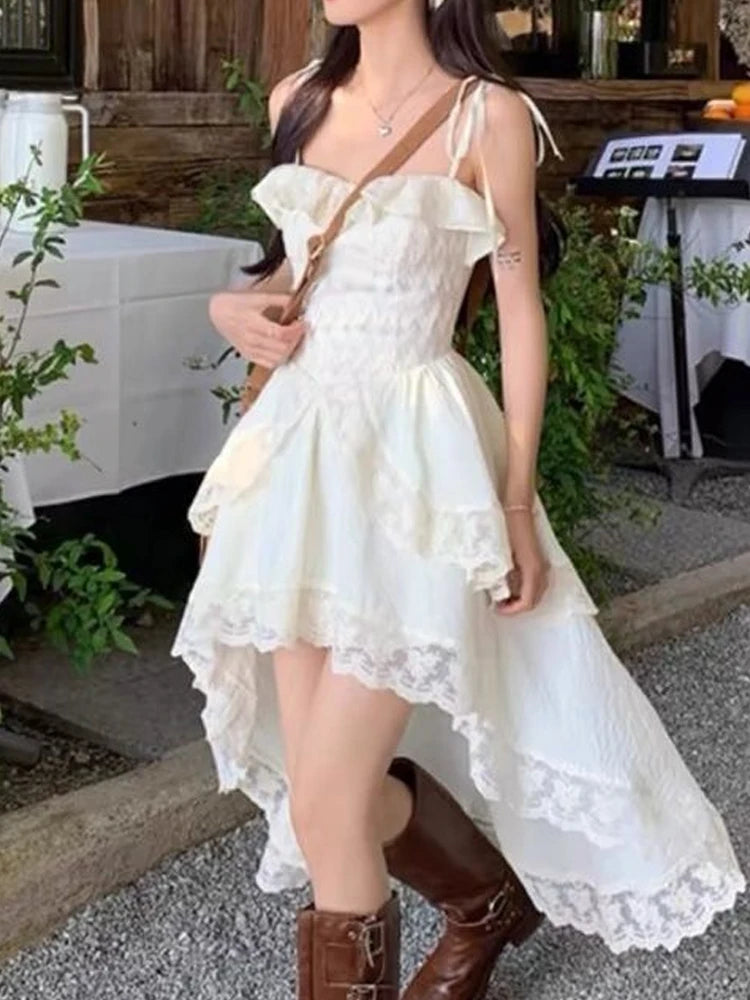 Sweet Casual Irregular Slip Dress Women Ruffles Designer Sexy Elegant Fairy Dress Female 2024  Summer Fashion Korean Party Dress