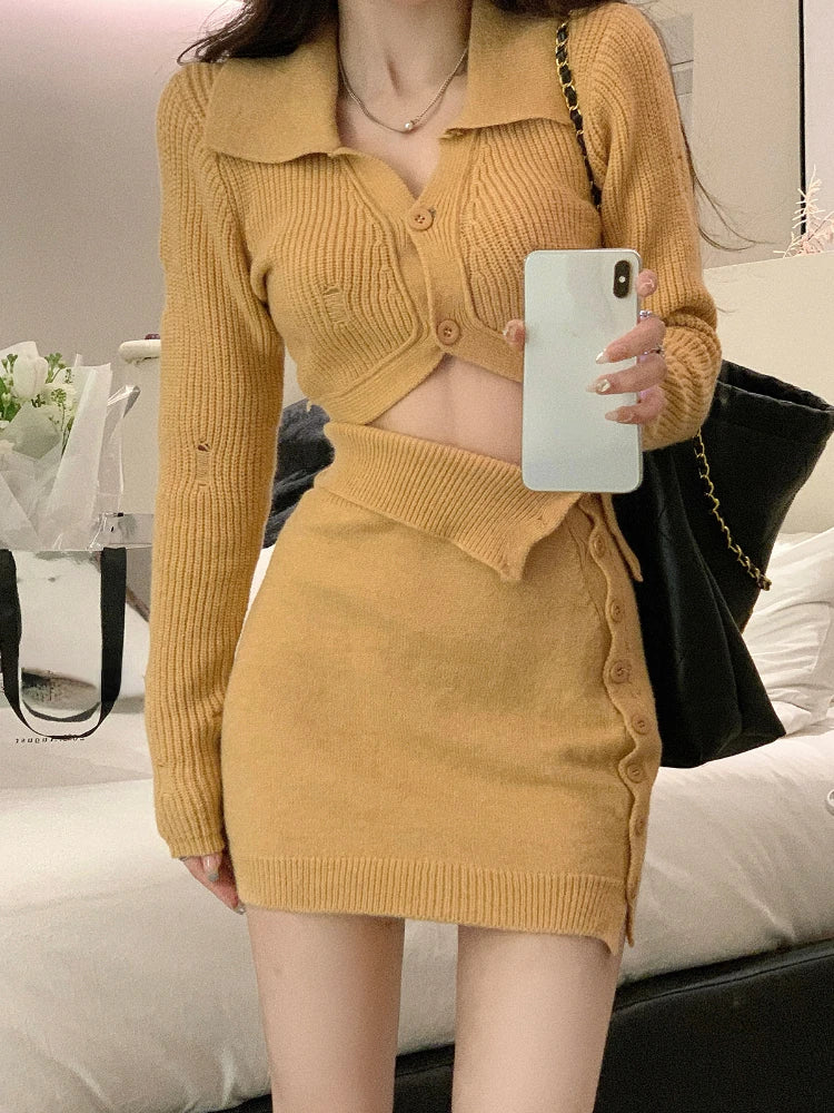 pantsparadises BACK TO SCHOOL OUTFIT Knitted 2 Piece Dress Set Dress Women Autumn Casual Long Sleeve Korean Style Sweater Suit Office Lady Elegant Y2k Chic Sets