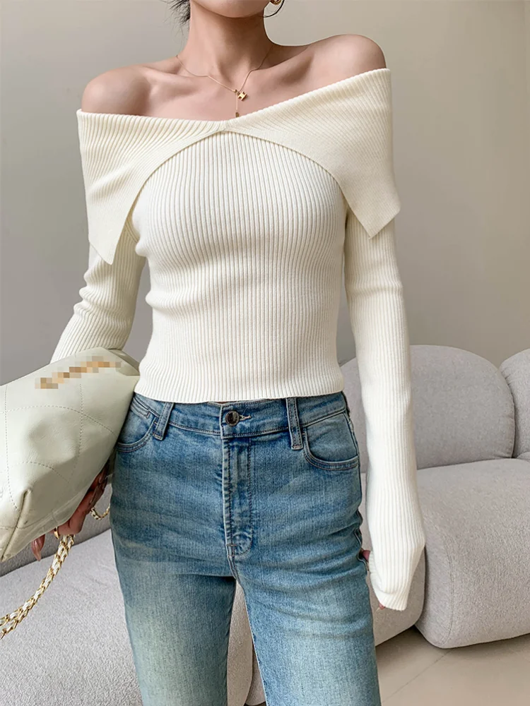 pantsparadises Autumn Winter Women Sweaters Casual Long Sleeve Knitted Pullover Sweater Basic Solid Sexy Off Shoulder Crop Top Fashion Clothes