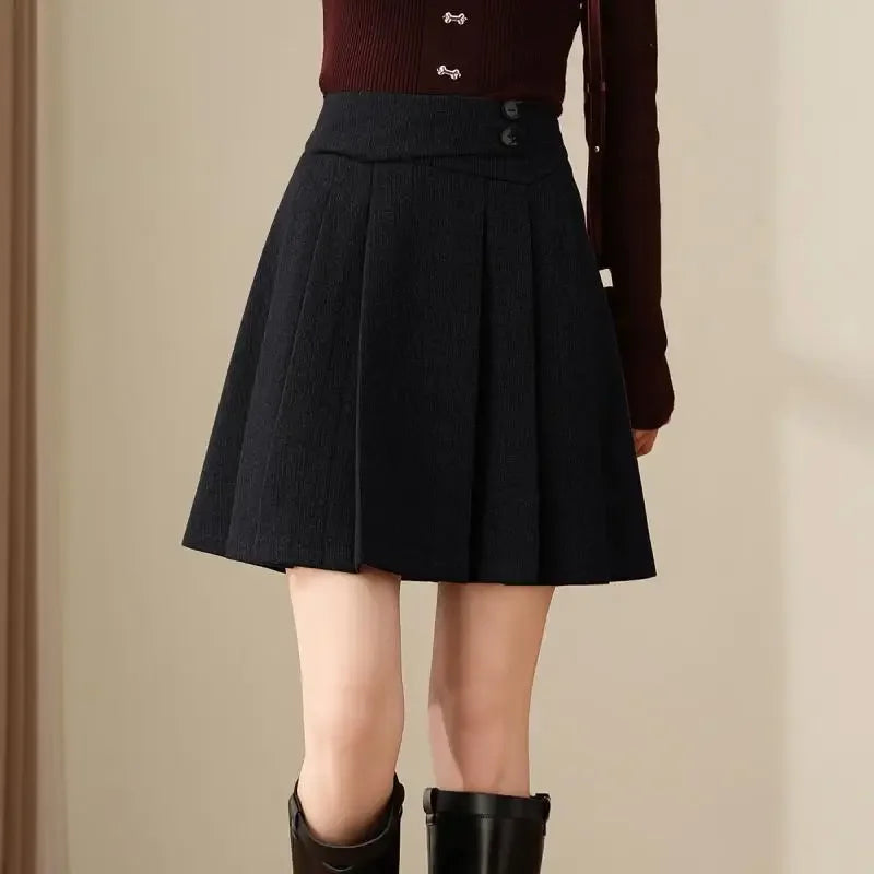 pantsparadises Preppy Style Pleated Wool Skirt Women Elegant Grey Sweet Mini Skirts Vintage Solid A-line Casual Autumn Short Skirts