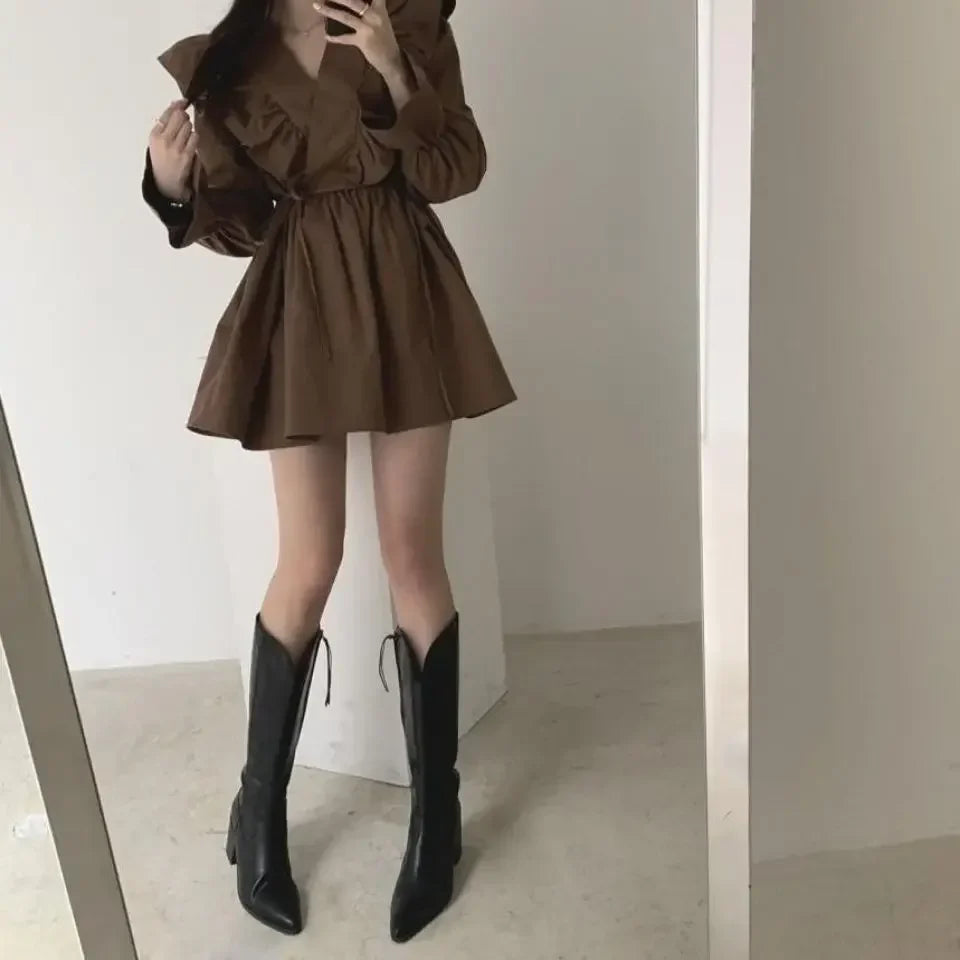 pantsparadises Dresses for Women Spring Short Mini Clothes Ruffle Woman Dress Long Sleeve Outfits Summer Cheap Casual Retro