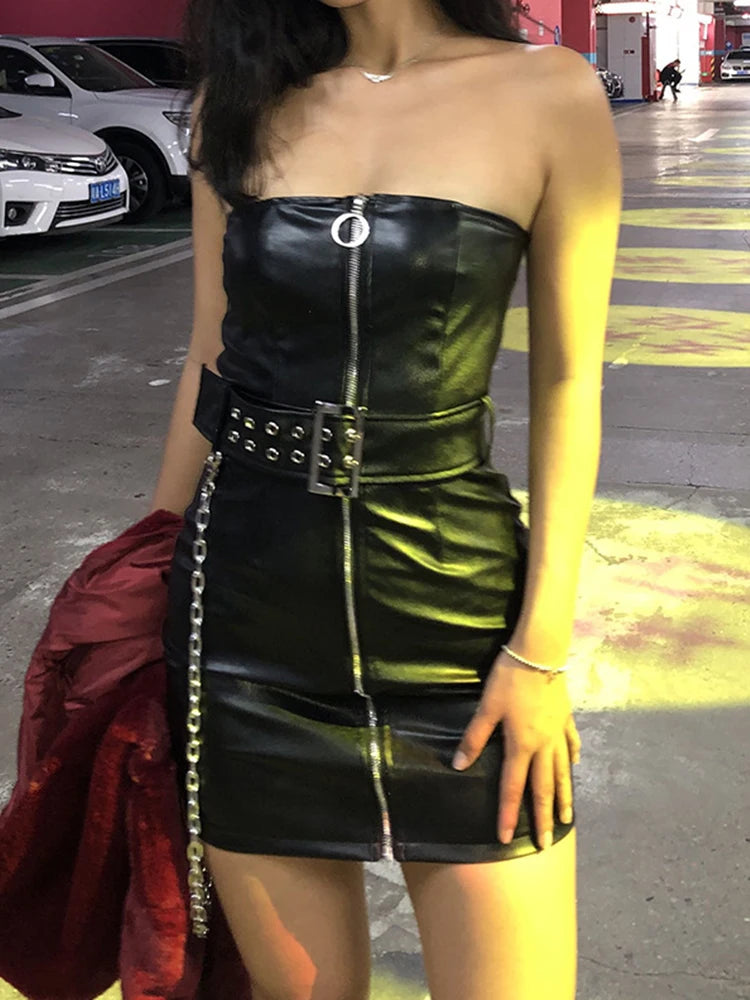 pantsparadises Gothic Sexy Pu Dress Women Streetwear Harajuku High Waist Zipper with Belt Chain Boydcon Dress Punk Nighclub Dress