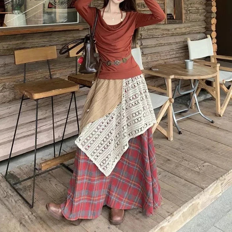 pantsparadises Vintage Long Skirt Women Japanese Style Patchwork Plaid Skirts Harajuku Loose Street Casual Ruffle Skirts Aesthetics