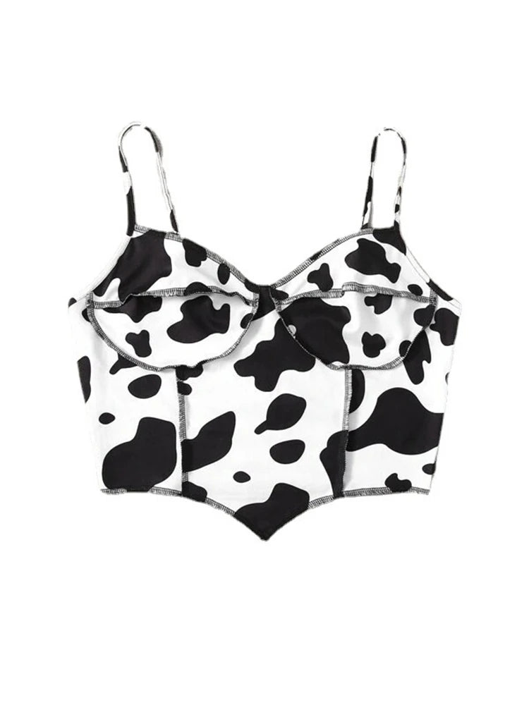 pantsparadises Summer Sexy Women's Cow Print Ruffled Tank Top Print Contrast Stitching Camisole Tank Top