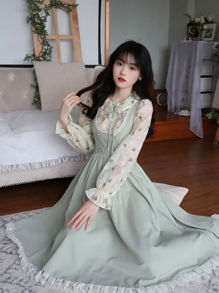 pantsparadises DRESS TO IMPRESS Green Elegant Vintage Strap Dress Women Spring Lace Evening Party Midi Dresses Ladies Retro Korean Sweet Kawaii Fairy Dress