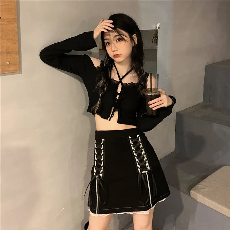 pantsparadises Black Lace Goth Skirt Women Streetwear Chic Belt Mini Fairy Grunge Skirts Patchwork Design Sexy Causal Skirts Womens Summer