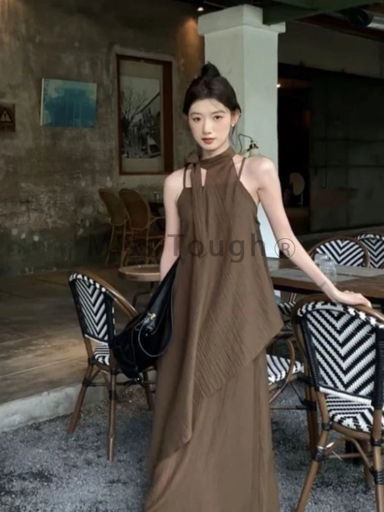 pantsparadises Korean Fashion Loose O Neck 2 Piece Set Women Elegant Casual Solid Sleeveless Off Shoulder Top + High Waist Thin Dress 2024 New