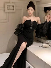 pantsparadises DRESS TO IMPRESS Elegant Party Dress Women High End Lantern Sleeve Strapless High Waist Split Long Dresses Korean Fashion Slim Vestidos