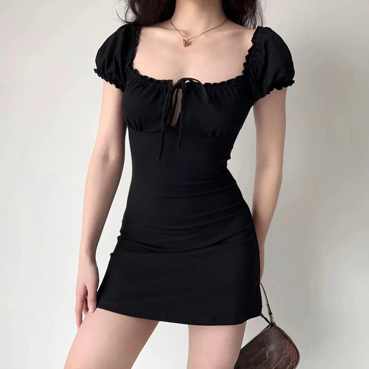 pantsparadises DRESS TO IMPRESS Summer Sexy Mini Dress Women Short Sleeved Lace up Hollow Casual Backless Folds Bodycon Black Dress Party Elegant A-LINE Dresses