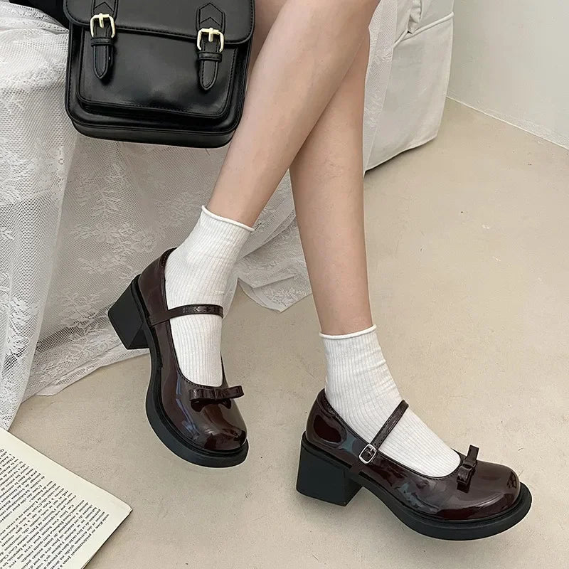 pantsparadises Brown Jk Uniform Shoes British Style Retro Japanese Mary Jane Shoes Women's Lolita Bow Sweet Girls Kawaii Mid Heel Cute Laofers