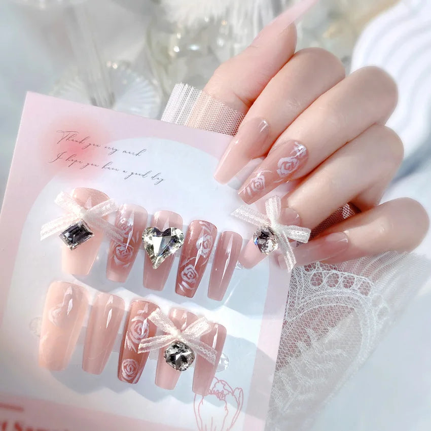 pantsparadises Medium Length Fake Nails 3D Flower Pearl Designs Nude Pink Color Press on Nails Ballerina False Nails for Women DIY Manicure