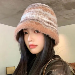 pantsparadises cute winter outfits Bucket Hat Women Winter Gradient Knitted Fisherman Cap Female Keep Warm Winter Hats Woman Bob Femme