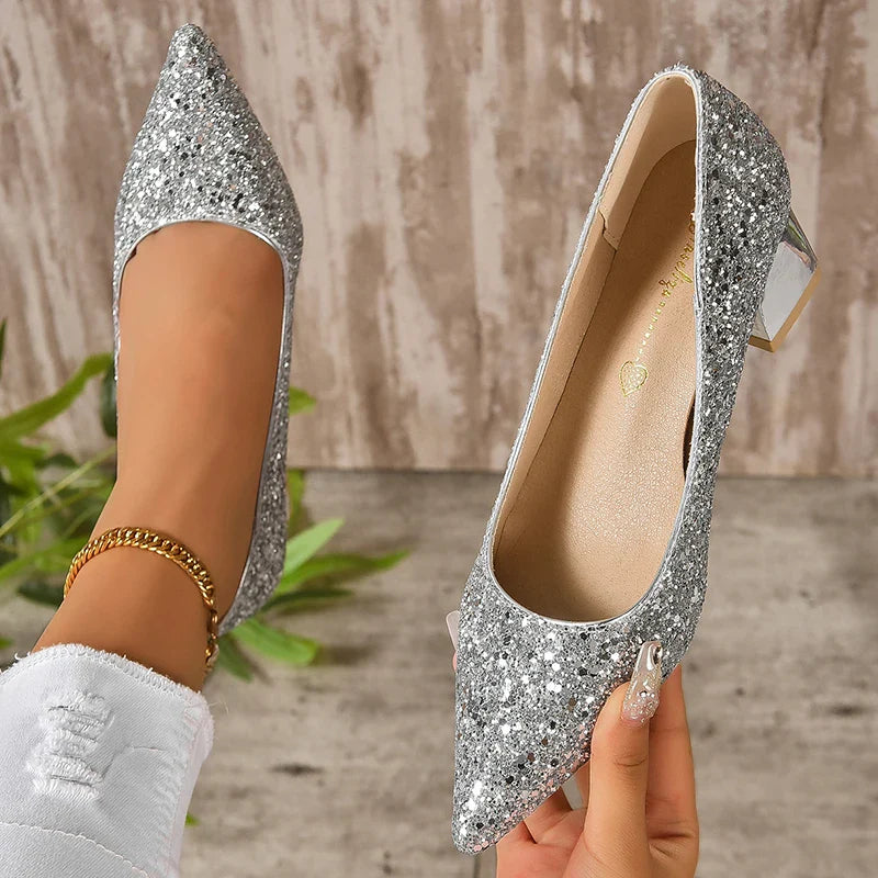 pantsparadises Silver Glitter Thick Heels Pumps Women Luxury Pointed Toe Party Wedding Shoes Woman Plus Size 42 Shallow High Heels Pumps Ladies