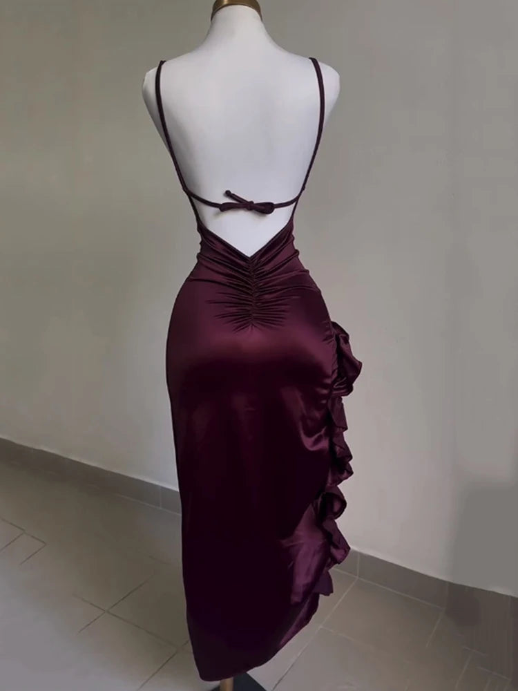 pantsparadises Sexy Satin Bodycon Long Dress Women Vintage Backless Strapless Ruffles Fork Party Club Elegant Evening Dresses Female Vestidos