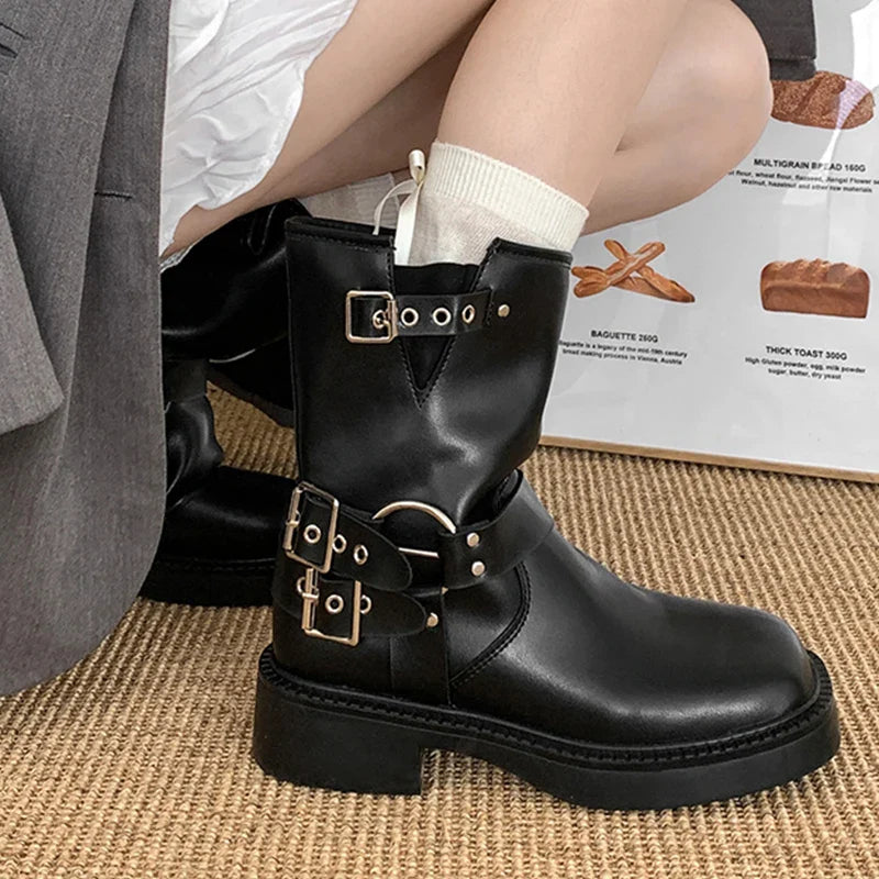 Winter Platform Synthetic Leather Boots Women Shoes Fashion Slip On Mid Heel Botas Ladies Retro Mordern Booties