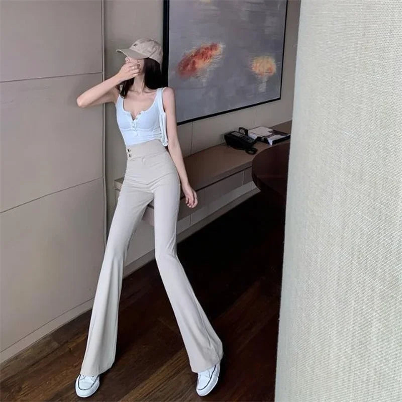 pantsparadises Summer Flared Pants Aesthetic Flare Leggings Trousers for Women Korean Style Fluid Fashion High Waist Wide Leg Palazzo Long