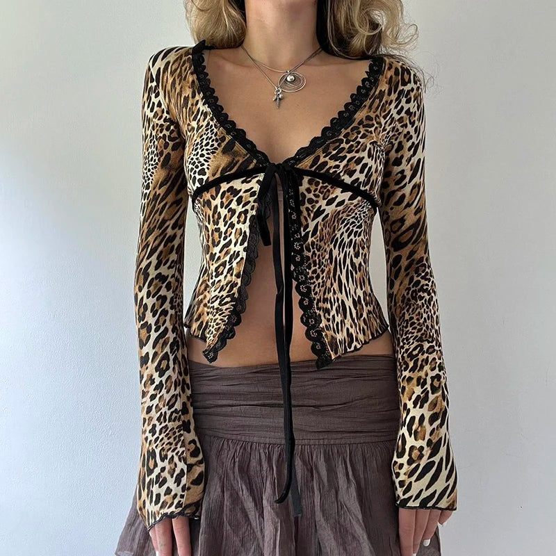 pantsparadises Leopard Print Bandage Slit Crop Top Grunge 2000s Sexy T-shirt Vintage Lace Patchwork V Neck Long Sleeve T Shirt Lady Chic