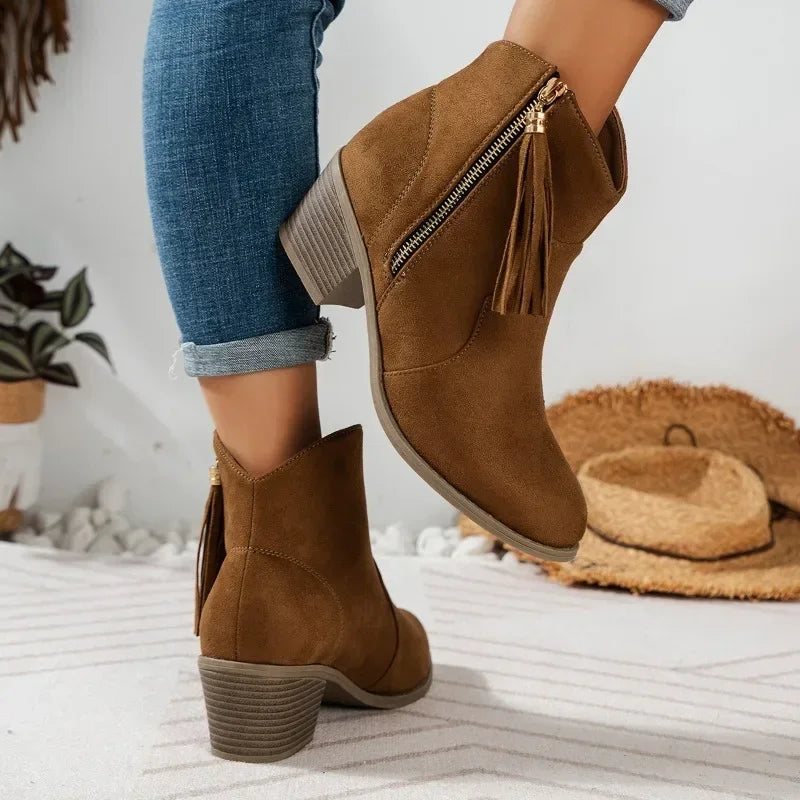 pantsparadises outfit inspo winter Shoes for Women Hot Sale Ankle Women's Boots Retro Modern Boots Women Fringe Side Zip Pointed Toe Chunky Heel Shoes Female