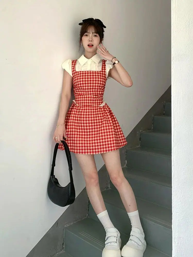 pantsparadises Y2k Coquette Kawaii Cute Plaid Shirt Dress Women Preppy Style Sweet Girls Short Party Dresses 2024 Summer Fashion