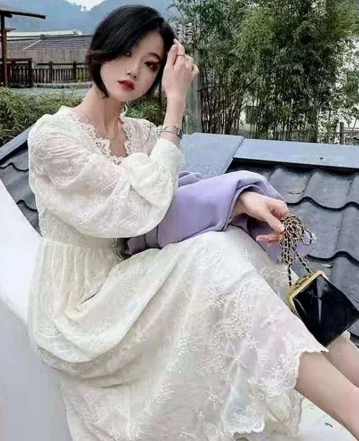 pantsparadises DRESS TO IMPRESS Korean Fashion Vintage Midi Dress Party Long Sleeve Sweet Y2k Dress Lace Design 2024 Autumn Evening Elegant Dress Women Casual