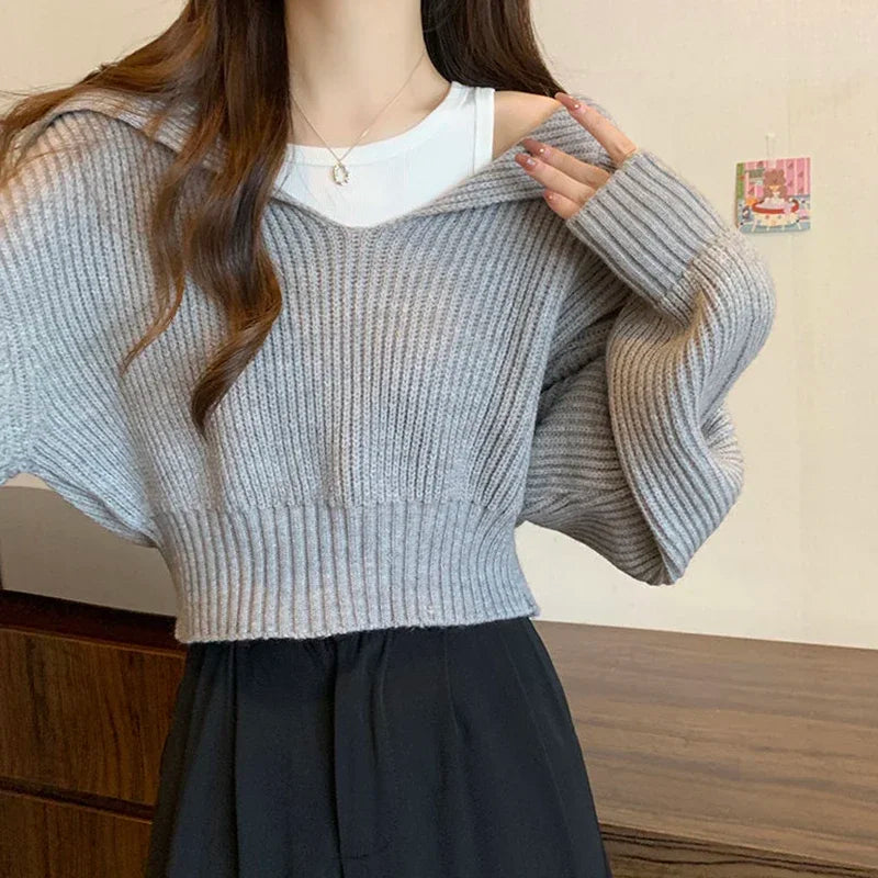 pantsparadises Long Sleeve Cropped Sweater Women Autumn Winter Turn Down Collar Knitted Jumper Woman Korean Style Solid Color Jerseys