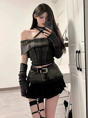 pantsparadises trashy outfits Spring/Summer New Sexy One Shoulder Short Sleeve Slim Retro Top Splicing Short Skirt Set Spicy Girl Two Piece Sets Women Outfits