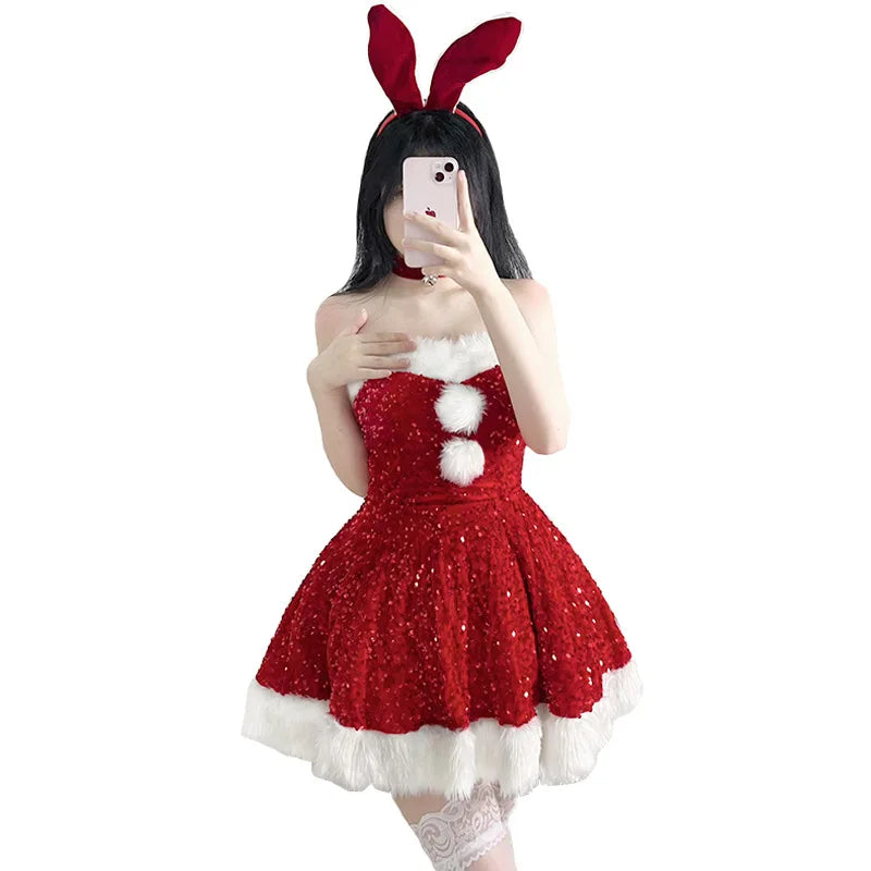 pantsparadises Christmas Costumes Christmas Dress Up Glitter Adult Christmas Clothes Strapless Clothing Set Halloween Carnival Outfit