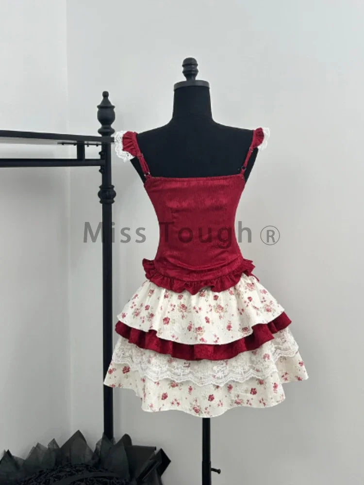 pantsparadises France Vintage Slim Square Neck Print 2 Piece Set Women Sweet Cute Lace Bow Patchwork Tops Female + High Waist Short Skirt