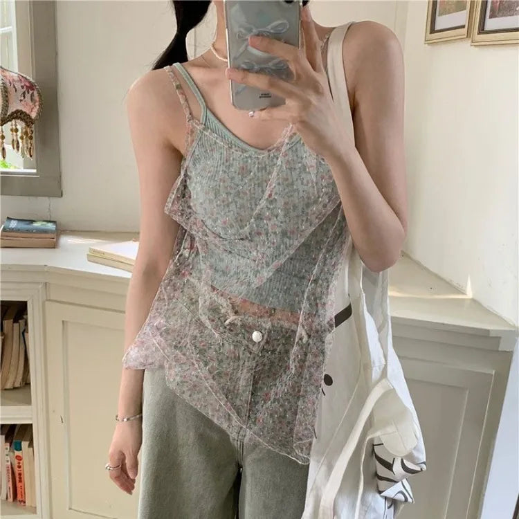 BACK TO SCHOOL OUTFIT Korean Fresh Fairycore Flower Print Mesh Camisole Summer Sexy Slim Fit Vest for Women Y2k E-Girl Two Piece Sets